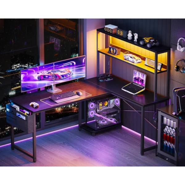 53 Inch L Shaped Desk With LED Lighting, Reversible Gaming Desk With Power Outlets, Cornor Computer Table With Storage Shelves - Image 3