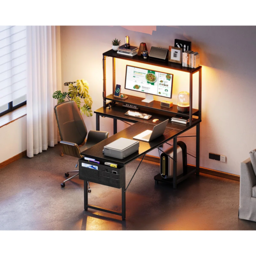 53+Inch+L+Shaped+Desk+With+LED+Lighting,+Reversible+Gaming+Desk+With+Power+Outlets,+Cornor+Computer+Table+With+Storage+Shelves+&+Bag+&+Iron+Hook,+Home+Office+Table+For+Writing,+Study,+Black (2)