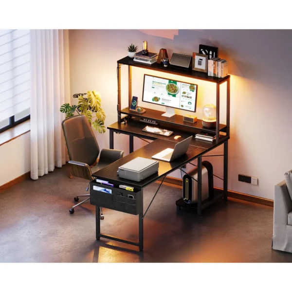 53 Inch L Shaped Desk With LED Lighting, Reversible Gaming Desk With Power Outlets, Cornor Computer Table With Storage Shelves