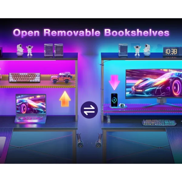 53 Inch L Shaped Desk With LED Lighting, Reversible Gaming Desk With Power Outlets, Cornor Computer Table With Storage Shelves - Image 2