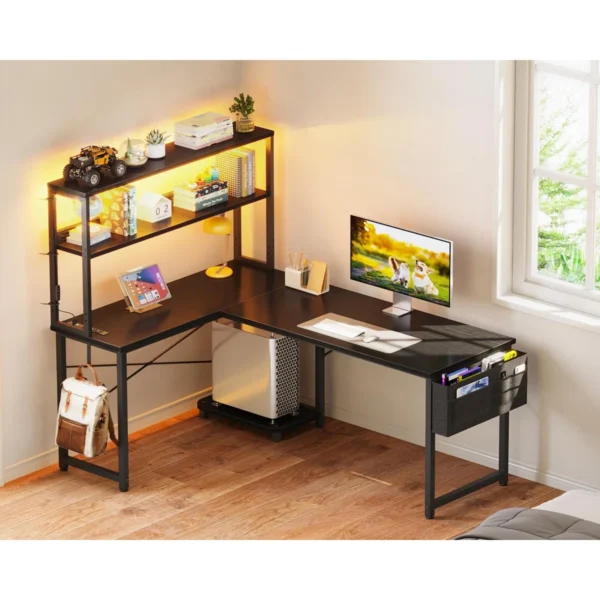 53 Inch L Shaped Desk With LED Lighting, Reversible Gaming Desk With Power Outlets, Cornor Computer Table With Storage Shelves - Image 4
