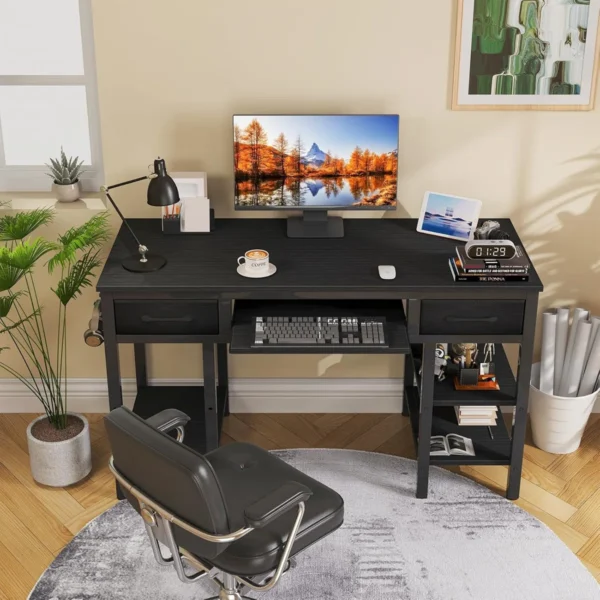 Computer Desk With Keyboard Tray, Computer Desks With Fabric Drawers & Storage Shelves For Home, Office
