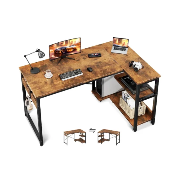 L Shaped Computer Desk, 48 Inch Small Corner Desk With Storage Shelves & PC Stand, Reversible Gaming Desk For Bedroom - Image 2