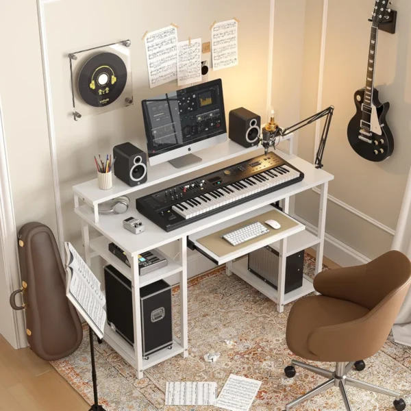 Office Desk With Monitor Stand And Storage Shelves, Computer Desk With Keyboard Tray, Gaming Desk - Image 3