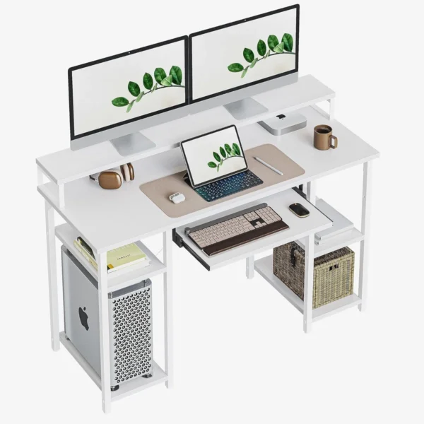 Office Desk With Monitor Stand And Storage Shelves, Computer Desk With Keyboard Tray, Gaming Desk - Image 4