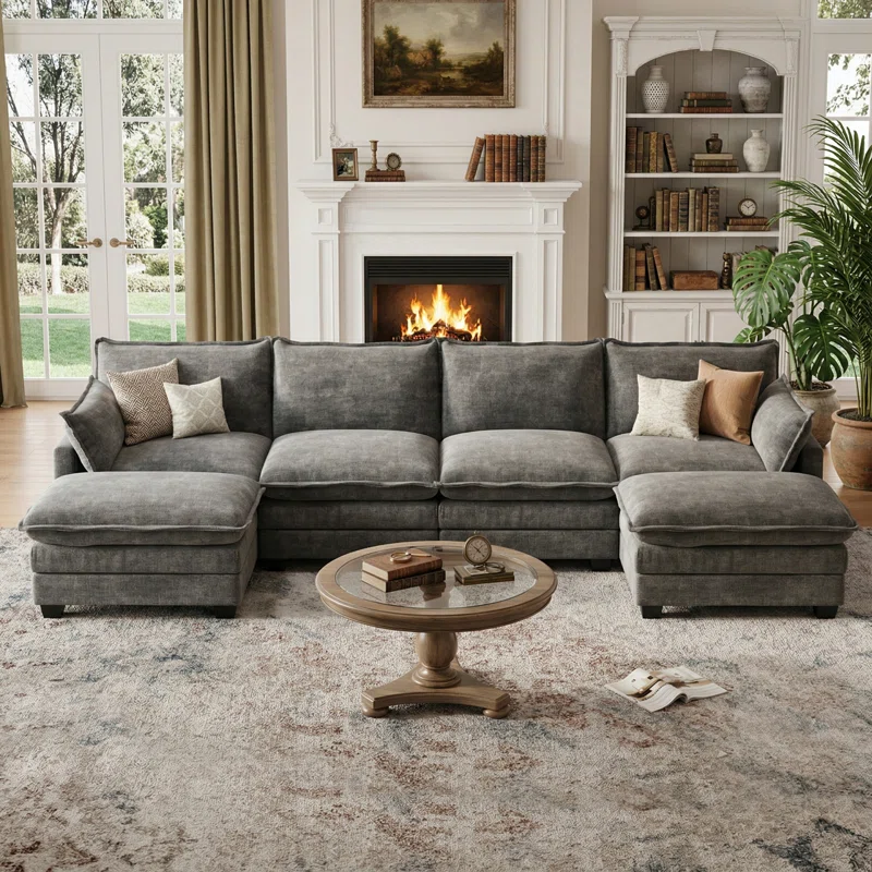 116.5" U Shaped Modular Sofa, Comfy Sectional Couch with Moveable Ottoman for Living Room
